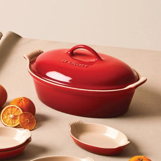 4QT HERITAGE STONEWARE COVERED OVAL CASSEROLE W/ PREP BOWLS